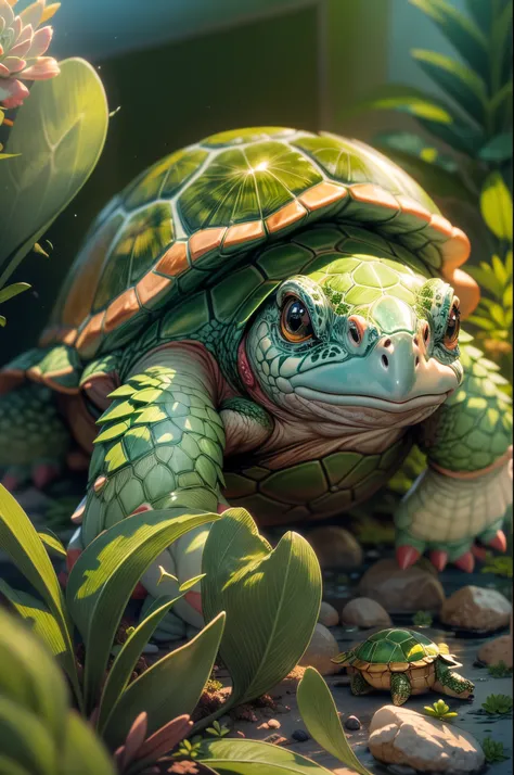 best quality,highres,ultra-detailed,cute turtle carrying out a succulent plants image,Succulent plants,green leaves,rounded shape,thick stems,variety of textures and colors,hairy surface,detailed patterns,grow in a pot,small size,plenty of sunlight,bright ...