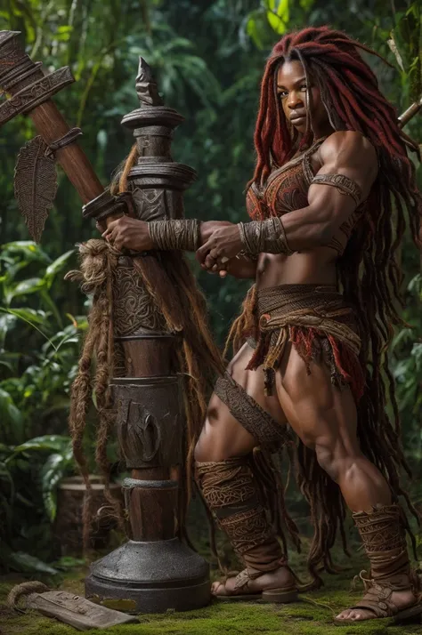 Art style by Alex Horley, realita, short dwarf bodybuilder woman, dark skin, wild boar gigante pet with long red dreadlock hair, wearing rustic fabric vine leaves, wielding rustic hammer, faced in combat, Amazon rainforest backdrop, ultra HD definition ima...