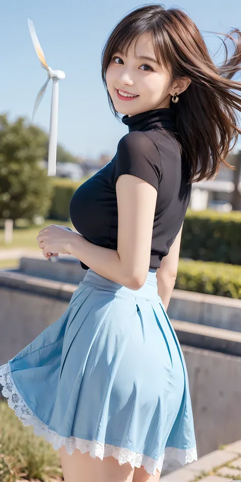 Female, 20 years old, short black wavy hair、bangss、Puffy nipple、(White Turtleneck Knit)、(Blue long skirt), Black stockings、Medium milk, cute smile face、((Poses that emphasize the buttocks、turned around))、sexy hips、Black High Heels、Big necklace、((((the wind...