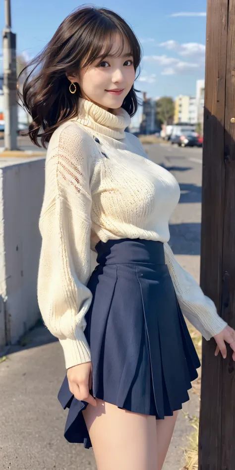 Female, 20 years old, short black wavy hair、bangss、Puffy nipple、(White Turtleneck Knit)、(Blue long skirt), Black stockings、Medium milk, cute smile face、((Poses that emphasize the buttocks、turned around))、sexy hips、Black High Heels、Big necklace、((((the wind...