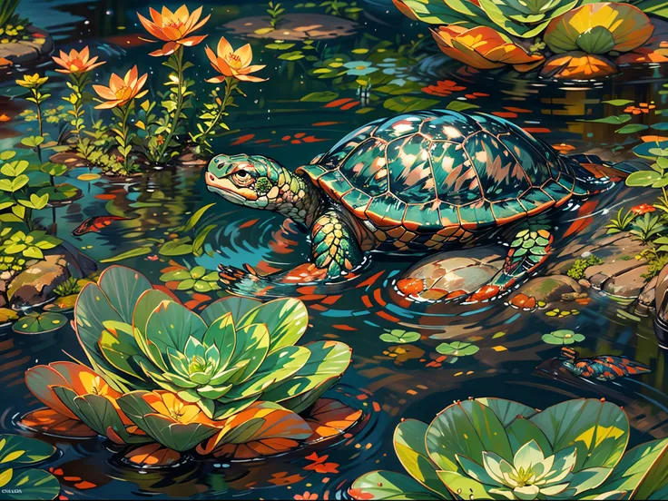 (best quality,4k,8k,highres,masterpiece:1.2),ultra-detailed,(realistic,photorealistic,photo-realistic:1.37),oil painting,aquatic turtle,playing inside a succulent plant pond,lush greenery,serene ambiance,colorful koi fish swimming around,reflection of the ...