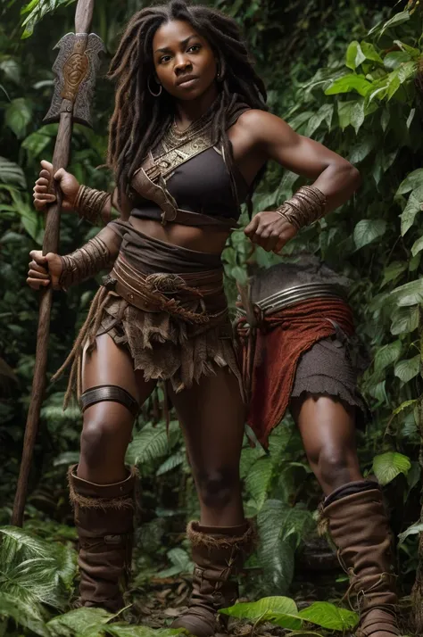 Art style by Alex Horley, realistic, short dwarf athletic woman, dark skin, giant boar pet, red dreadlock hair, wearing rustic leaf and vine fabric, wielding a rustic hammer, facing in combat, Amazon rainforest scenery, images 8k ultra HD definition.