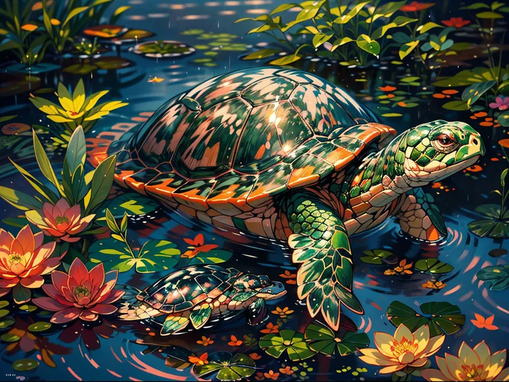 (best quality,4k,8k,highres,masterpiece:1.2),ultra-detailed,(realistic,photorealistic,photo-realistic:1.37),oil painting,aquatic turtle,playing inside a succulent plant pond,lush greenery,serene ambiance,colorful koi fish swimming around,reflection of the ...