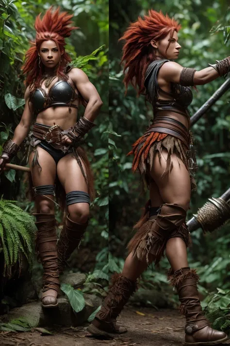 Art style by Alex Horley, realistic, 1 short dwarf athletic woman, dark skin, 1 giant boar pet, red mohawk hair, wearing rustic leaf and vine fabric, wielding a rustic hammer, facing in combat, Amazon rainforest setting , 8k ultra HD definition images.