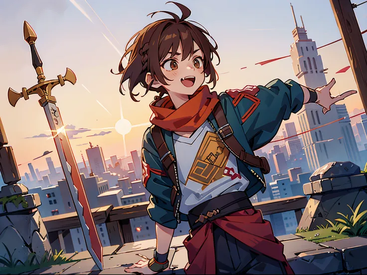 A boy with，sparrow hair，Short reddish-brown hair，a small braid，punk sweatshirt，obi strip，sunset line，Open your mouth and laugh，scarf flying，punky style，Meticulous portrayal，gold eyeant city），sword stuck in stone，hand on sword，The city of the future，ray tra...