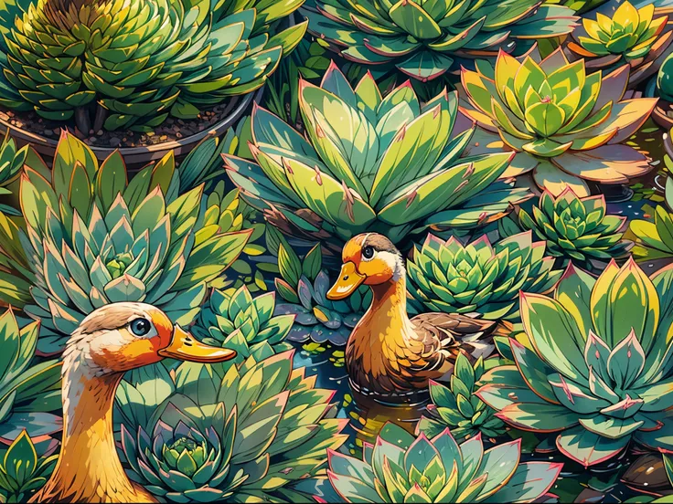 fluffy cute little duck, playful attitude, succulent plants, vibrant green leaves, soft and delicate feathers, adorable quacking...