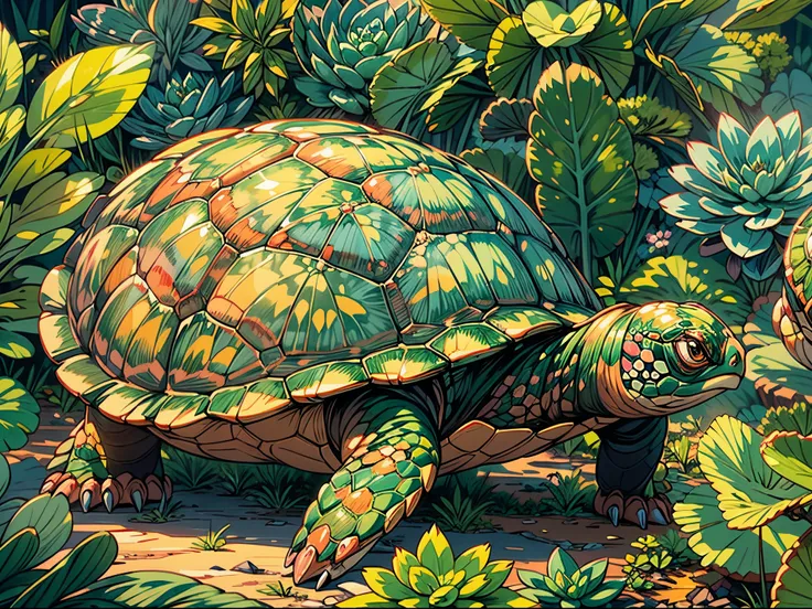 best quality,highres,ultra-detailed,cute turtle carrying out a succulent plants image,Succulent plants,green leaves,rounded shape,thick stems,variety of textures and colors,hairy surface,detailed patterns,grow in a pot,small size,plenty of sunlight,bright ...