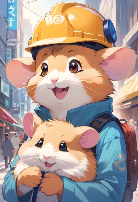 Happy hamster, Hold the instrument, Wear a hard hat on your head, Trading on the stock exchange，street frontage，Blue tooling，head portrait