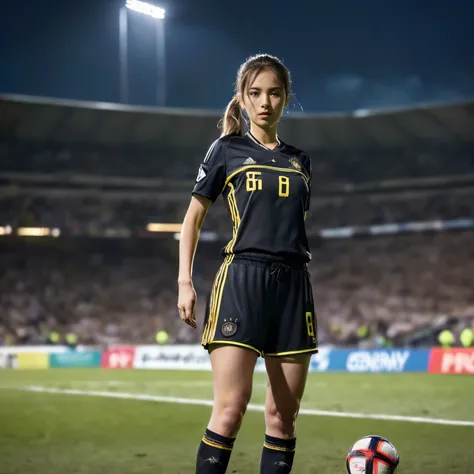 ((top-quality、masutepiece、8K、Top image quality、SFW))、(One photo:1.5)、((German Beauty、Long、Perfect ponytail、Straight ponytail、german soccer uniform、Uniform with German flag design、german color soccer uniform、uniform in german flag colors、Uniform with short ...