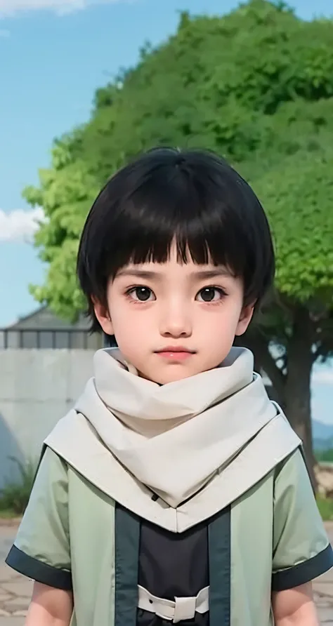 Real life adaption of this character ,The handsome face of a little boy, realistic same hair bowlcut , (realistic same outfit), realistic background , realistic light, realistic shadow, realism, hyper realistic,(photorealistic:1.2), normal small eyes