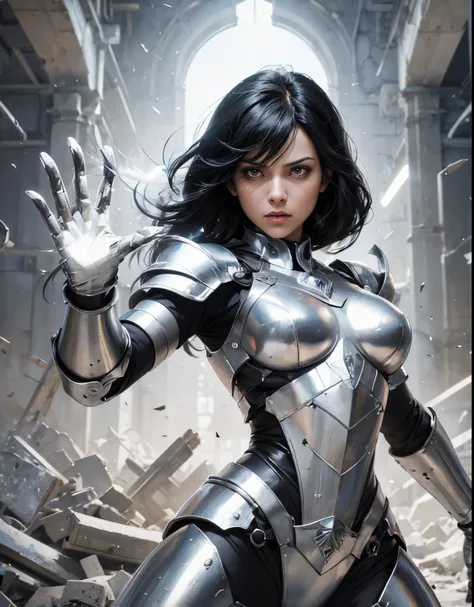 A beautiful woman is looking at the camera with her hands raised. Shining magical energy bullets were born in both hands. Black hair. black eyes. She has an angry look on her face. She wears beautiful silver-white armor. She is in a chemical research labor...