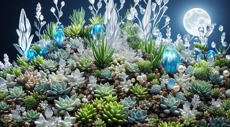 (tmasterpiece, Best quality, ultra - detailed),Crystals floating in the air，light blue white，moon rabbit ears，Thousands of rabbit ears，Pearl Chlorophytum，prayer beads，floating succulents，succulent forest，Super refined，ultra - detailed，vivaciousness，with dy...