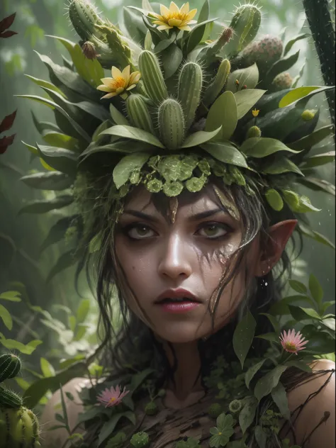 angry cactus dryad in the forest. cactus flowers， the face is very detailed,water on the face， 詳細な目， clothes made from leaves an...