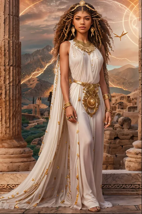 "Imagine an AI-generated image that transforms Zendaya into a modern interpretation of a Greek goddess. Envision her adorned in ethereal, flowing garments inspired by ancient Greek fashion, radiating grace and divine elegance. Picture Zendaya with a celest...