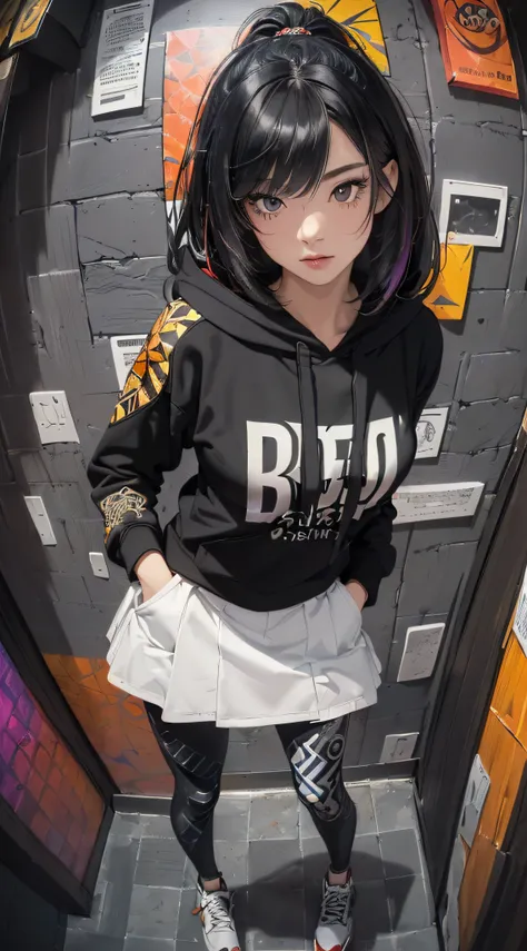 (((8k wallpaper of extremely detailed CG unit:1.2, ​masterpiece, hight resolution:1.2, top-quality:1.2, masutepiece))), ((a very beautiful woman, Hands in pockets:1.8, Grunge Fashion:1.2, Wearing a hoodie:1.2, Wearing white leggings, Wearing shoes)), ((ext...