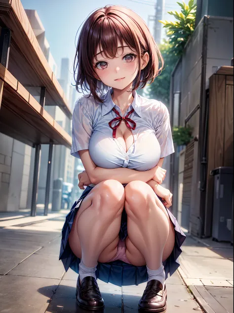 Im a girl in a high school uniform、Blue Check Pleated Skirt、White shirt with short sleeves、Red ribbon on chest、Shy laughter、Middle Shorthair，brunette color hair，medium breast size、school classrooms、early evening、Black loafers、Positive perspective，Turn to t...