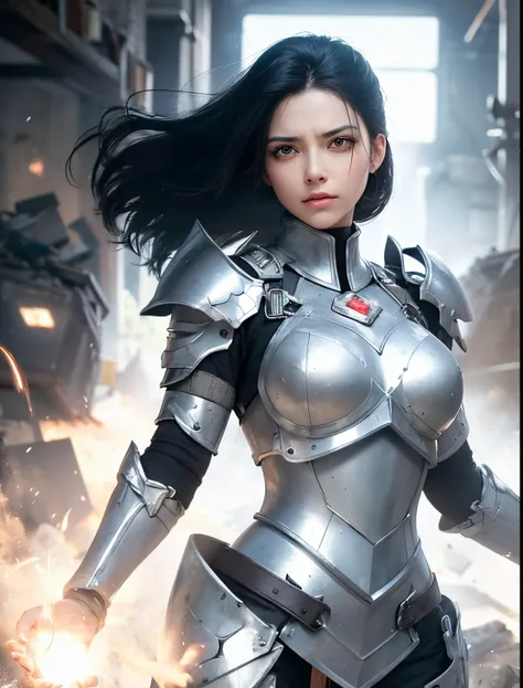 A beautiful woman is looking at the camera with her hands raised. Shining magical energy bullets were born in both hands. Black hair. black eyes. She has an angry look on her face. She wears beautiful silver-white armor. She is in a chemical research labor...