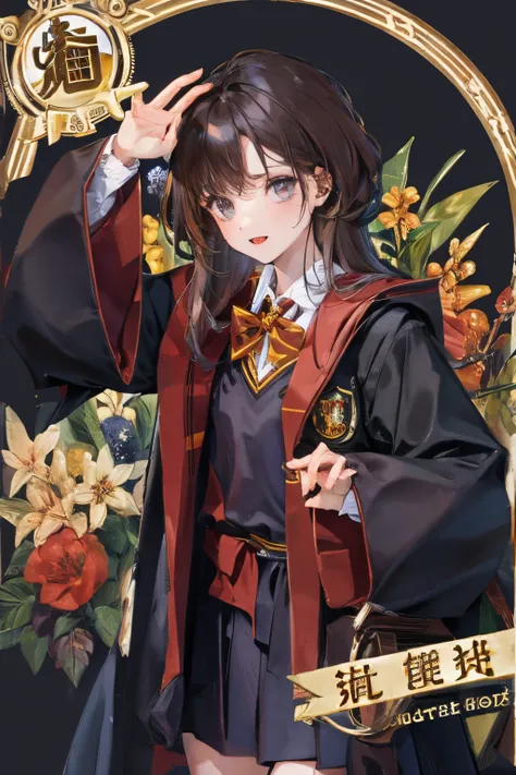 masterpiece、top-quality、girl1、ultra-detailliert　a dark-haired、straight haired　hogwarts uniform、cana　background with、hogwarts sch...