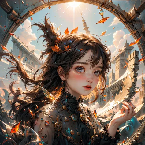 dark brown eyes、(Colorful Surrealist AI:0.5)、the morning sun、sea of clouds、powerful explosions、The most beautiful forms of chaos like glasswork、Delicate、Glasswork、girl, Cute、dynamic ungle、Transparency、reddish、azur、an orange、alice in the wonderland、myth、