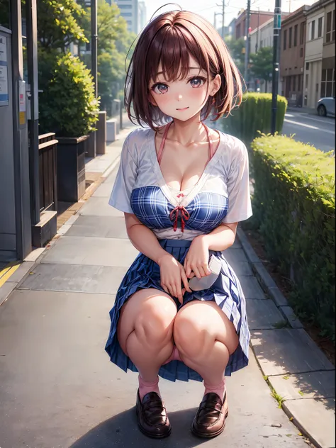 Im a girl in a high school uniform、(Blue plaid pleated skirt)、(White shirt with short sleeves、Red ribbon on chest)、Shy laughter、Middle Shorthair，brunette color hair，medium breast size、stairs at school、early evening、Black loafers、Positive perspective，Turn t...