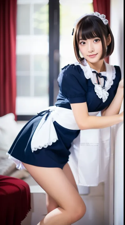 (Best quality, 8k, 32k, Masterpiece, UHD:1.2), 1girl, beautiy Japanese woman, narrow waist, maid clothes, detailed face, short hair,18years old，realistic shadow