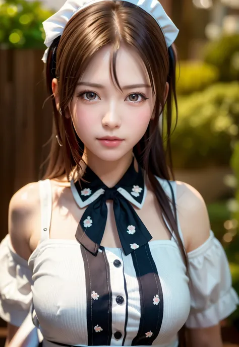 8K, of the highest quality, masutepiece:1.2), (Realistic, Photorealsitic:1.37), of the highest quality, masutepiece, Beautiful young woman, Pensive expression,、A charming、and an inviting look, Cute Maid Clothes, Hair tied back, Cinematic background, Light ...