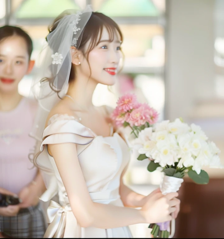 Real-life image of a woman wearing a wedding dress and holding a bouquet of flowers,Top image quality