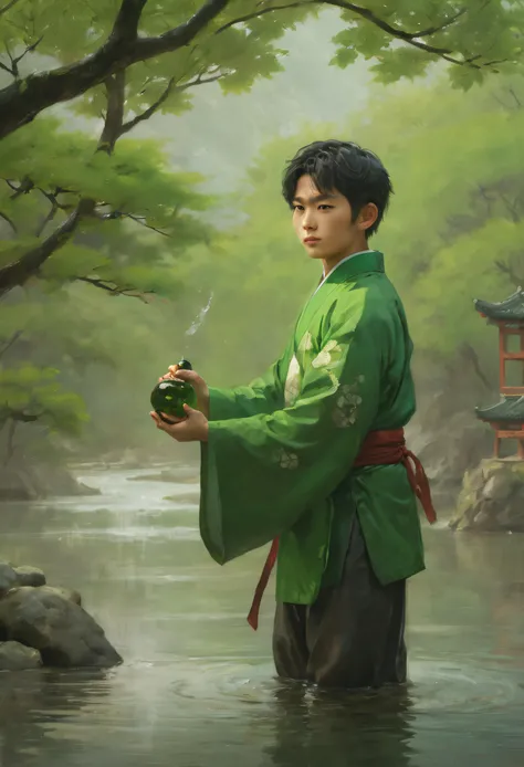 The boy holds the Umemi sake bottle，The other hand holds a sword，Under the green plum tree by the river，casting magic，Wearing a green Tang suit，green spell surround，drifting snow，cg，Look up at the perspective，Ancient scenes，design sense，movie picture quali...