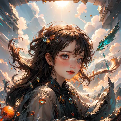 dark brown eyes、(Colorful Surrealist AI:0.5)、the morning sun、sea of clouds、powerful explosions、The most beautiful forms of chaos like glasswork、Delicate、Glasswork、girl, Cute、dynamic ungle、Transparency、reddish、azur、an orange、alice in the wonderland、myth、