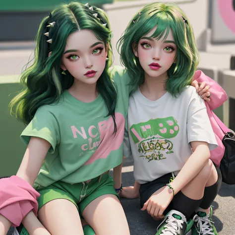 A girl doll looking with green hair and a few dark green streaks and lashes and pink lips and black oversized tshirt saying „no glitter club „in green and green shorts with small black grafitti everywhere and black sneakers with green spikes and bracelets ...