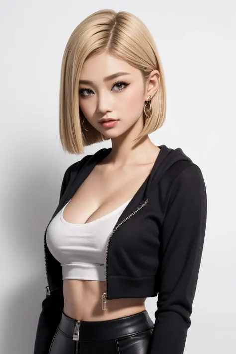 8k raw photos, 17-year-old cool korean, big round breasts, cleavage, cropped length zip hoodie with open front, cropped length t...