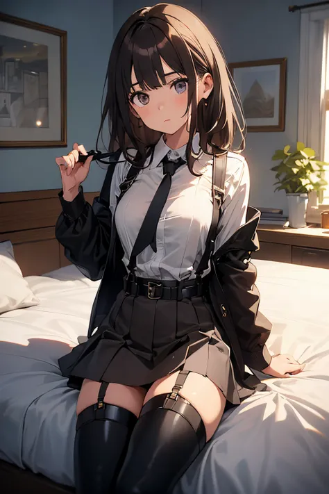 ​masterpiece、flat-colors、depth of fields、lens flare 1 girl、、Brown hair、watching at viewers　　　black suspenders　　　Bulging big breasts　　 　 　　　walls: 　Black miniskirt　garters　　　　　　Gaze　　　Small face　bangss 　　　holster　　Belt Armament　Beautuful Women　srestrained　h...