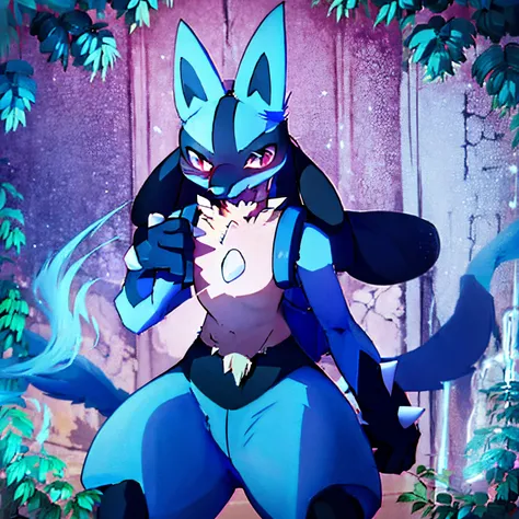 furry wolfo lucario  primary color blue white coat on chest and abdomen wearing king's blush