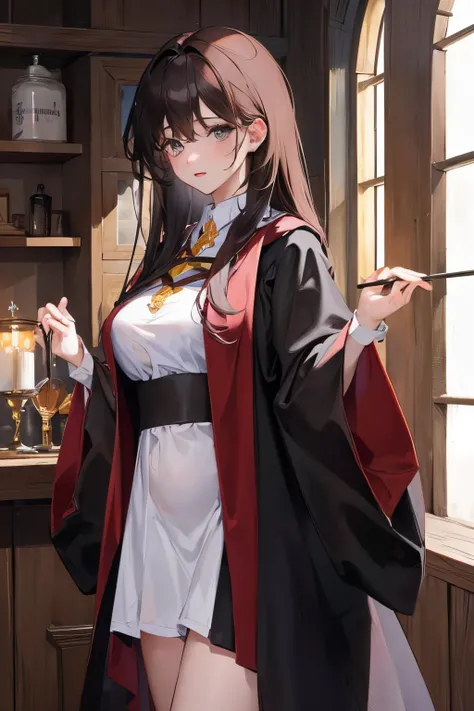 Masterpiece、top-quality、girl1、ultra-detailliert　A dark-haired、straight haired　Hogwarts robes　Soft thighs、large full breasts、Beautiful belly　Background with、Inside the castle