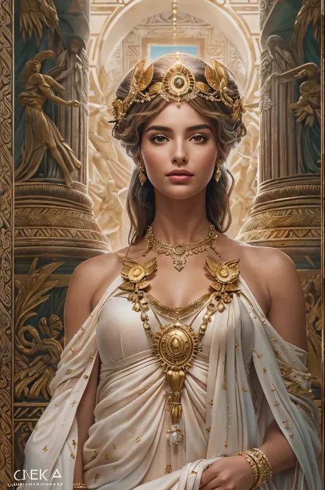 "imagine an ai-generated artwork that transforms ana celia de armas into a mythical greek goddess. envision her draped in ethere...