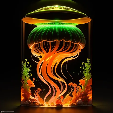 a jellyfish on algae, arte de qualidade, estampa (oceano), personagem (jellyfish), arte detalhes perfeitos, 8k, arte em vetor/neon light, panoramic view, Colors: Amber/orange/vermelho/cores glaciais