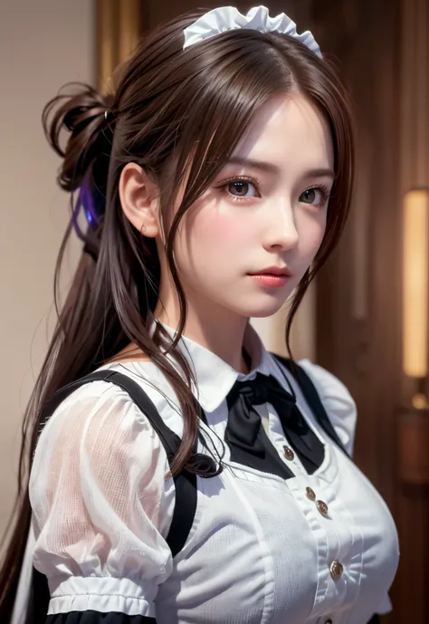 8K, of the highest quality, masutepiece:1.2), (Realistic, Photorealsitic:1.37), of the highest quality, masutepiece, Beautiful young woman, Pensive expression,、A charming、and an inviting look, Cute Maid Clothes, Hair tied back, Cinematic background, Light ...