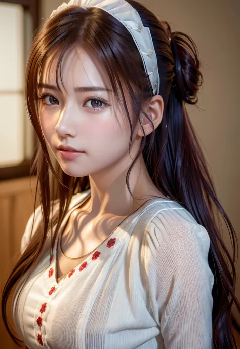 8K, of the highest quality, masutepiece:1.2), (Realistic, Photorealsitic:1.37), of the highest quality, masutepiece, Beautiful young woman、A charming、and an inviting look, Cute Maid Clothes, Hair tied back, Cinematic background, Light skin tone