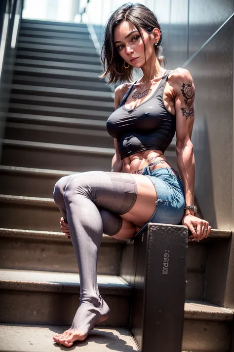 4K, 40 years old woman, skinny, city staircase, sitting, full body view, perfect Feet, hightights, beautiful expresive face, short tank top, little perky tits, shorts, earings, tattoo, bepiercing,