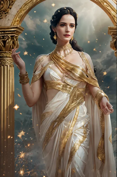 "Generate an AI image that envisions Eva Green as a majestic Greek goddess. Picture her draped in ethereal robes, adorned with intricate golden jewelry that symbolizes her divine status. Create an atmospheric scene inspired by ancient Greece, with soft lig...