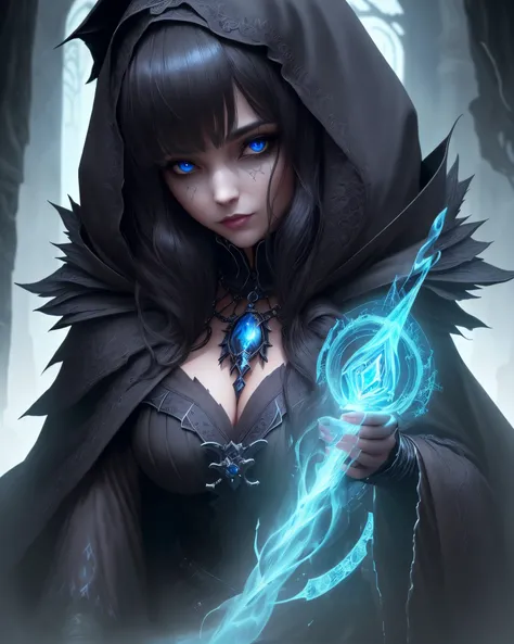 {key piece},(best quality),(intriguing details),(insanely detailed,) a close up of a woman in a black and blue costume, in a cloak, dark sorceress, dark fantasy style art, village has dark angel wings, full view of dark sorceress, in dark fantasy art style...