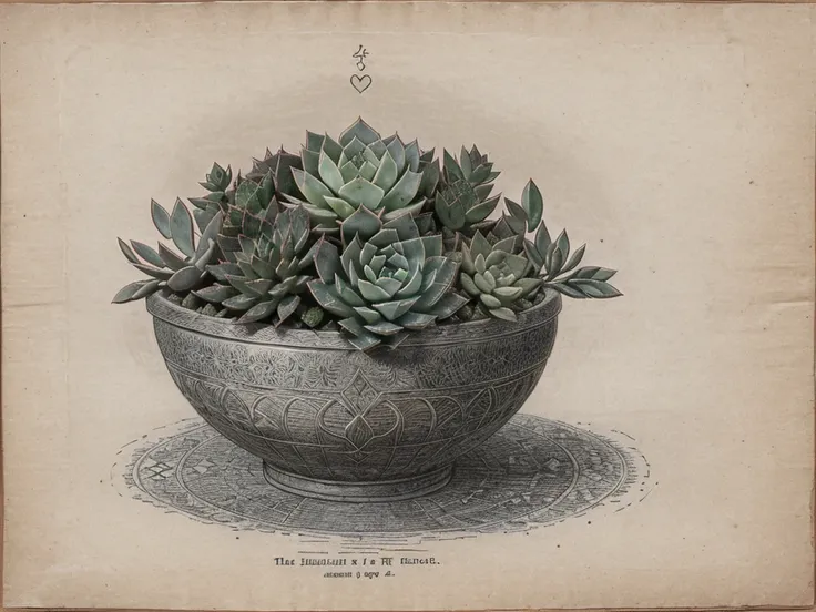 antique engraving of a succulent, Old, 9th century era, Calm tones, lithography, Kraft Paper, graphite