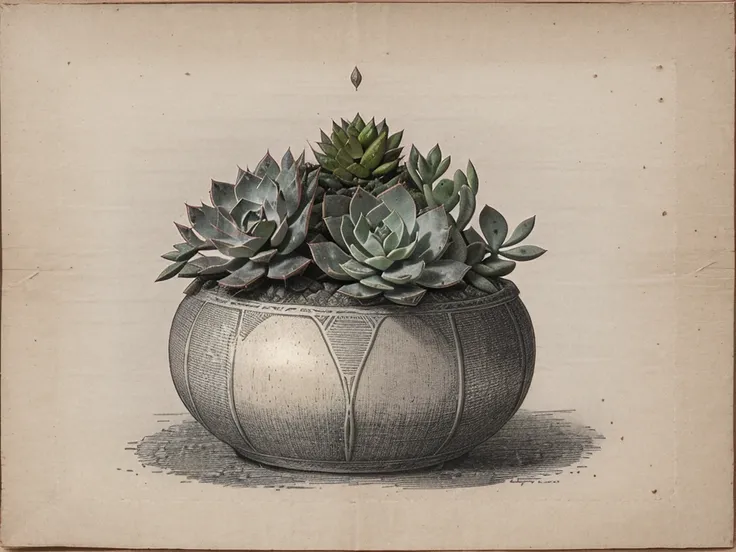 antique engraving of a succulent, Old, 9th century era, Calm tones, lithography, Kraft Paper, graphite