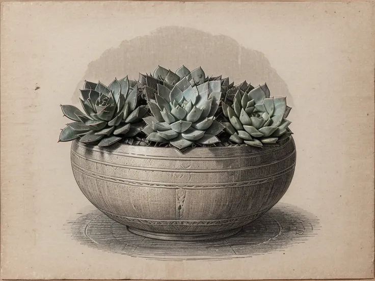 antique engraving of a succulent, Old, 9th century era, Calm tones, lithography, Kraft Paper, graphite