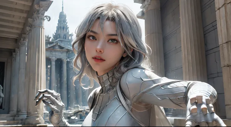 (Extreme Detail CG Unity 8K wallpaper, masterpiece, highest quality), (Exquisite lighting and shadow, highly dramatic picture, Cinematic lens effect), a beautiful girl in a white Spider-Man costume, silver gray hair color, long hair, from the Spider-Man pa...