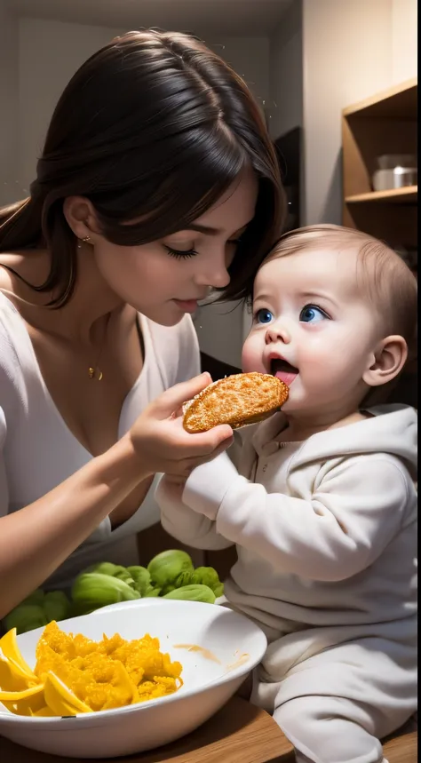 (RAW style, masterpiece, best quality, ultra-detailed) ultra-realistic, high-resolution, women feeding a food to a little baby, no extra hands, no extra legs, no ugly face