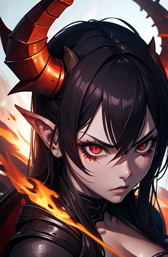 A Hyperrealistic, Female Demon warrior at hell, Perfect Body, Perfect Face, Angry