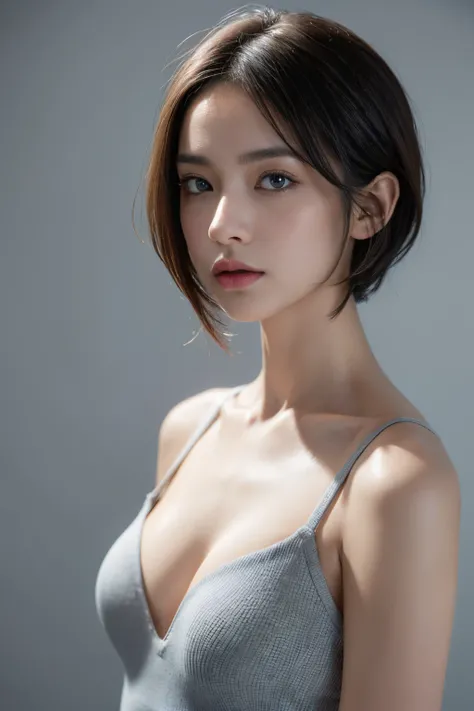 Skin Tight Top:1.2, Looking at Viewer, Cinematic lighting, Perfect, softlight, High resolution skin:1.2, Realistic skin texture, No makeup face,Small face、 off shoulders,Bust B Cup、 Exposed cleavage, Blue eyes, Short hair,fullnude、Light gray background