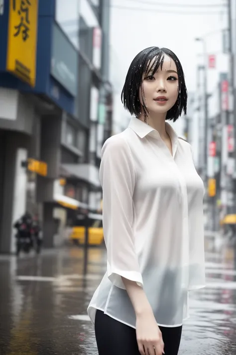 it was raining a while ago, but now it's sunny ,super realism.dynamic situation,me wet in the rain, very wet my white blouse, (b...