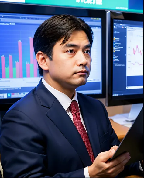 Im Japan,wearing a sophisticated suit、Imagine a slightly overweight office worker.。, Fasten your tie、hold economic newspaper in hand. he is sitting on a chair in front of the computer, On-screen charts and numerical tracking. His face is、Represents concent...